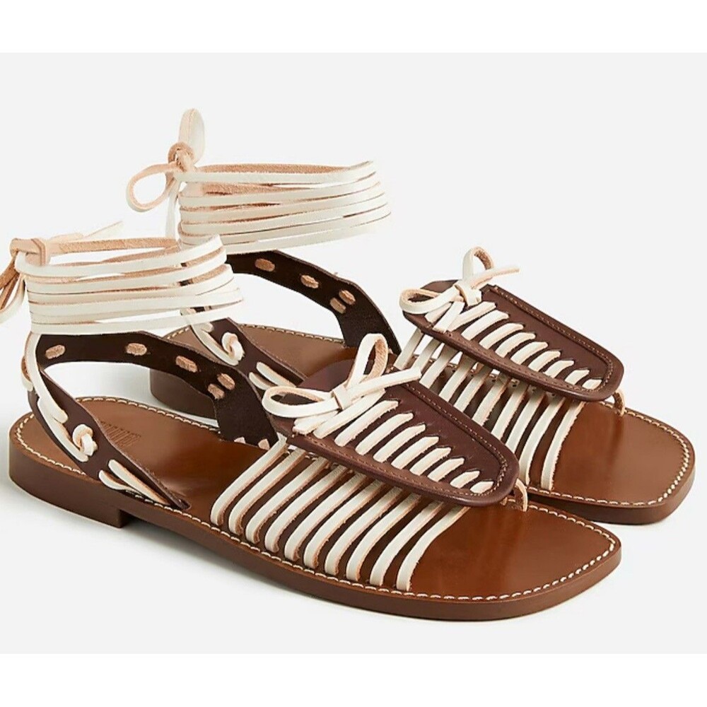 J.Crew Mohrowe Italian Leather Lace-Up Gladiator Sandals Brown White Sz‎ 7